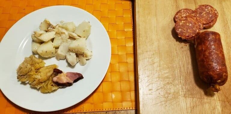Bakalar, sauerkraut, and sausage
