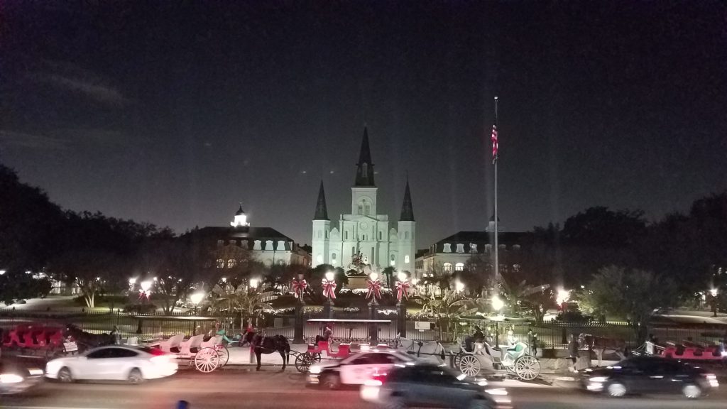 Jackson Square at night.