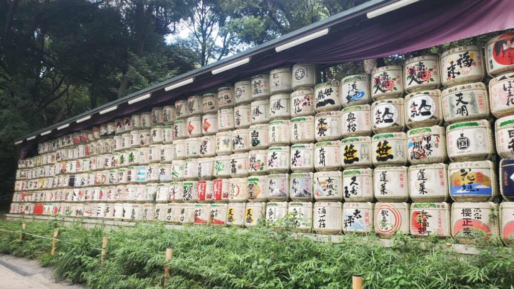 Large display of sake barrels